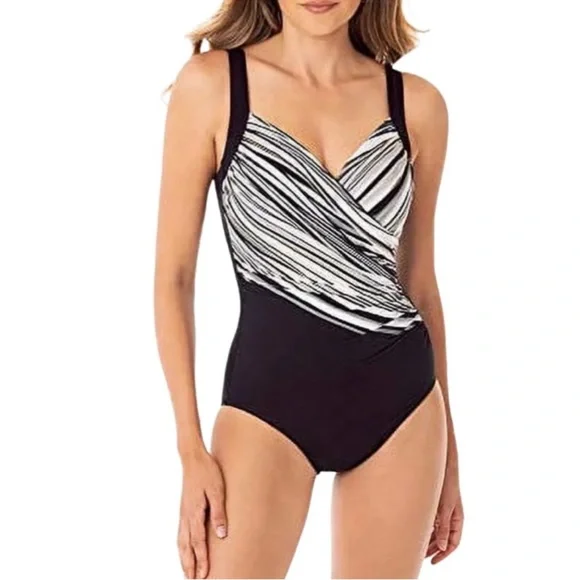 NEW Miraclesuit One Piece Swimsuit Shimmering Sands Black White Size 12